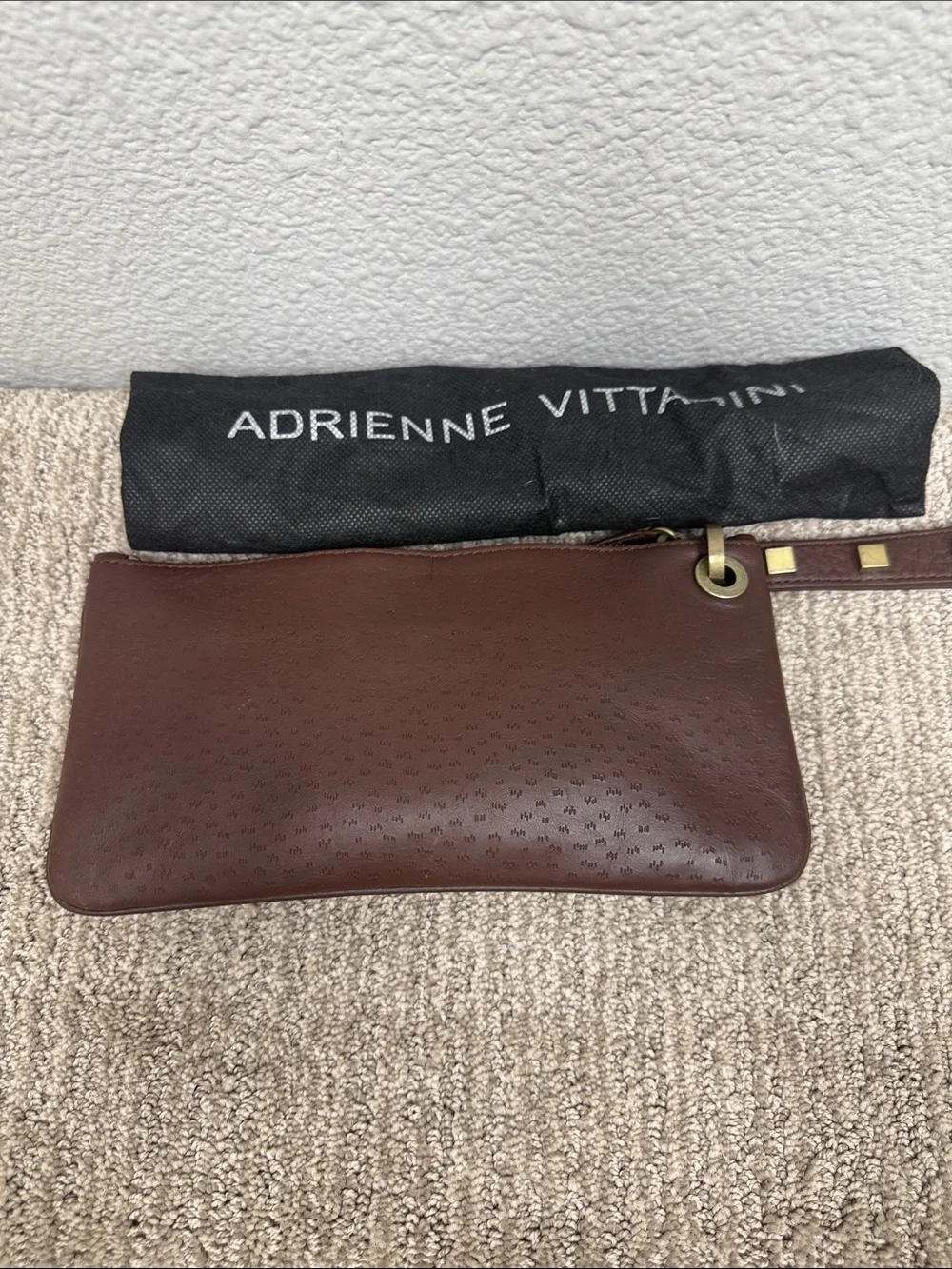 Adrienne Vittadini Dark Brown Leather Wristlet with Gold Accents